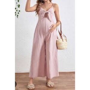 Maternity Tie Front Jumpsuit Spagetti Strap Wide Leg Smocked Romper Size Small